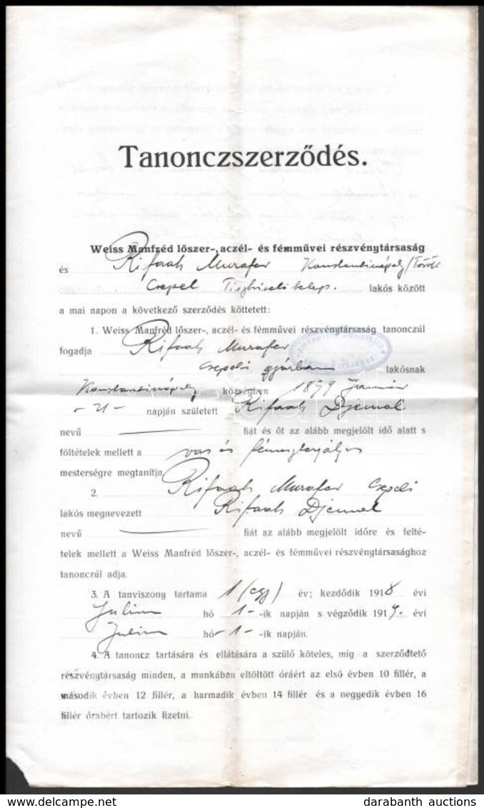 1919 Weiss Mandréd Lőszer, Acél és Fémművek: Tanoncszerződés - Ohne Zuordnung