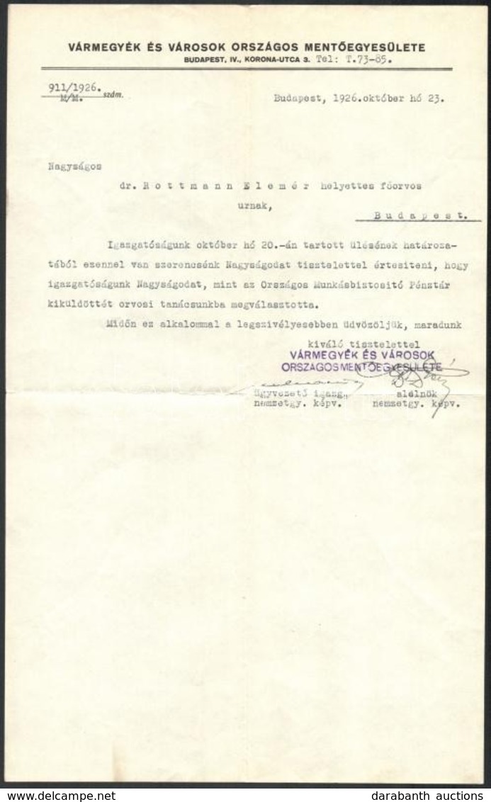 1926 Vármegyék és Városok Országos Mentőegyesülete Fejléces Levele Dr. Rottmann Elemér Helyettes Főorvosnak, Pecséttel,  - Non Classés