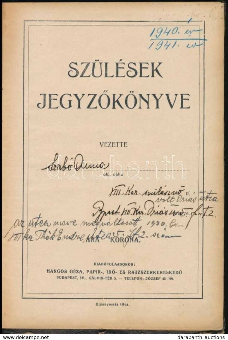 1941 Születések Jegyzőkönyve, Bábakönyv - Non Classés