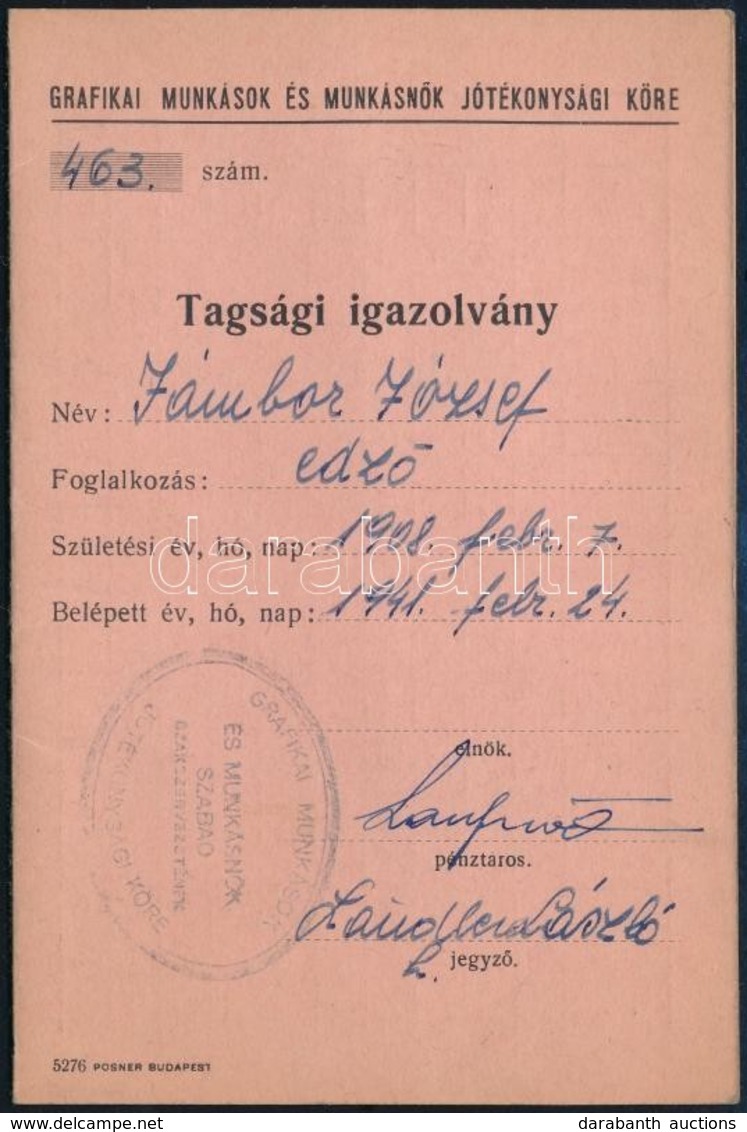 1946-1947 Grafikai Munkások és Munkásnők Jótékonysági Köre Tagsági Igazolványa, Jámbor József Géza (1908-?) Kémigráfus,  - Non Classés