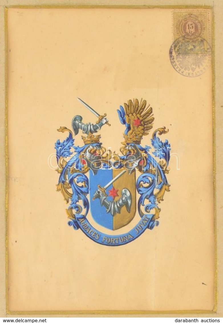 Cca 1900 Kézi Festésű Címerkép Okmánybélyeggel Hitelesítve. Üvegezett Keretben, / Hand Painted Coat-of Arms In Glazed Fr - Ohne Zuordnung