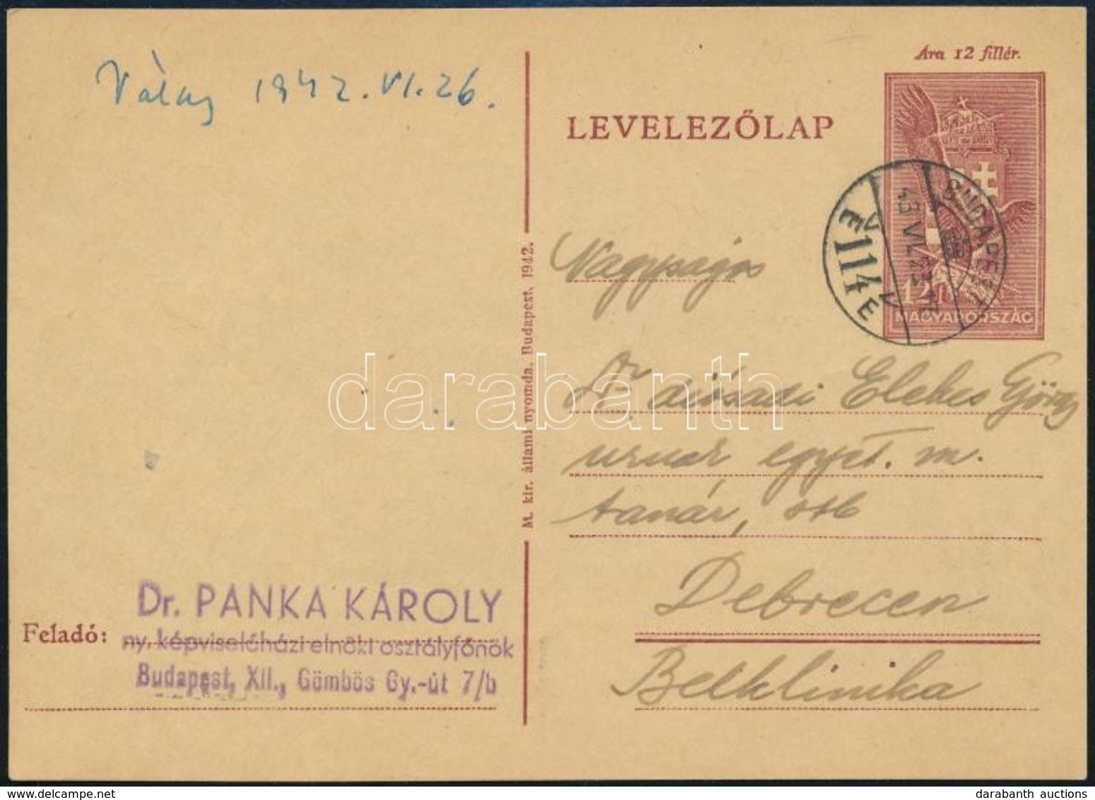 1942 Dr. Panka Károly Ny. Képviselőházi Elnöki Osztályfőnök Levele Dr. Diósadi Elekes György Egyetemi Tanárnak - Ohne Zuordnung