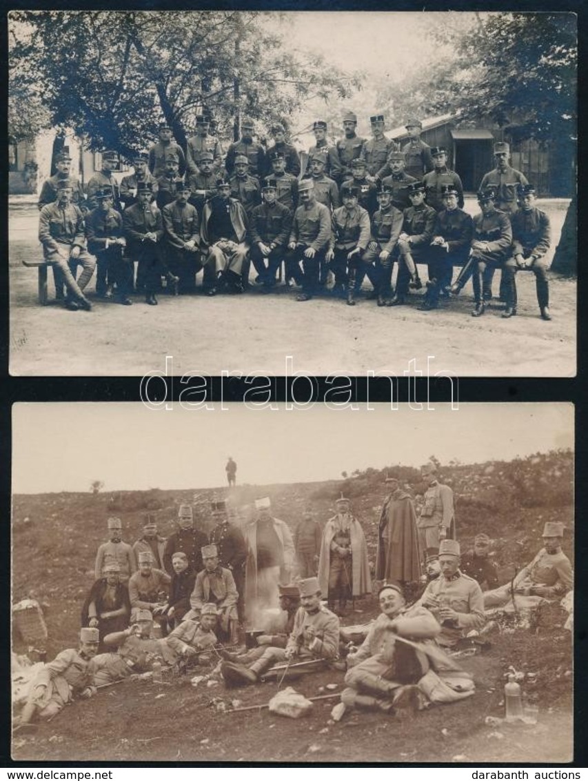 Cca 1914-1918 Vegyes Katonai Fotó Tétel, 2 Db, Csoportkép, és életkép A Frontról, Fotólapok, 8,5x13,5 Cm - Sonstige & Ohne Zuordnung