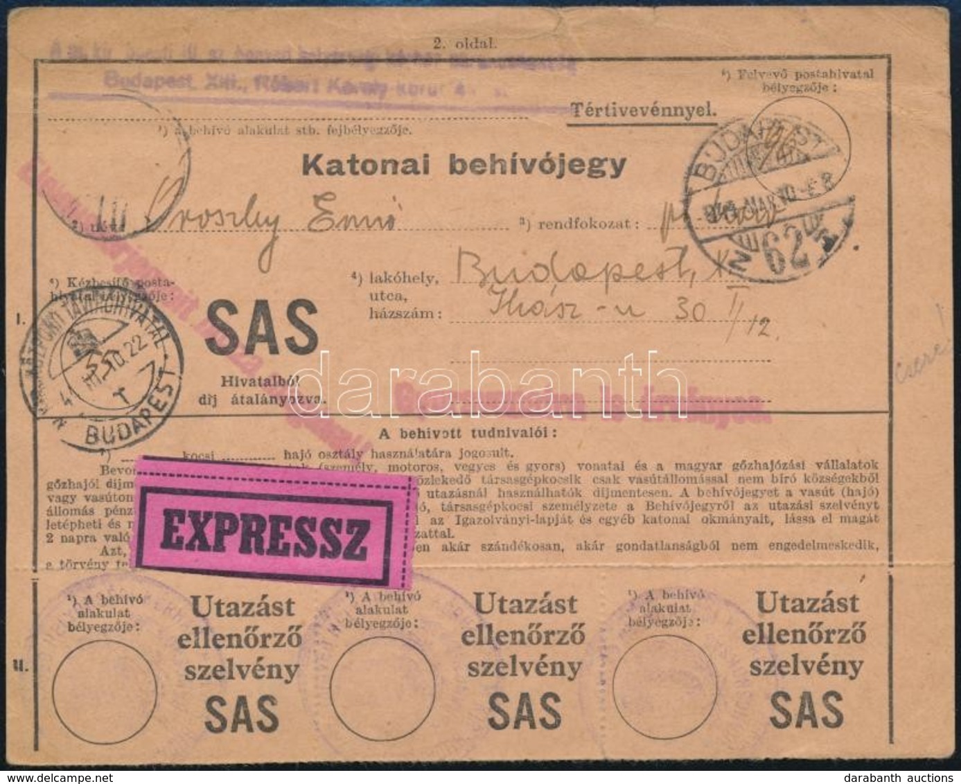 1944 Bp., Katonai Behívójegy - Sonstige & Ohne Zuordnung