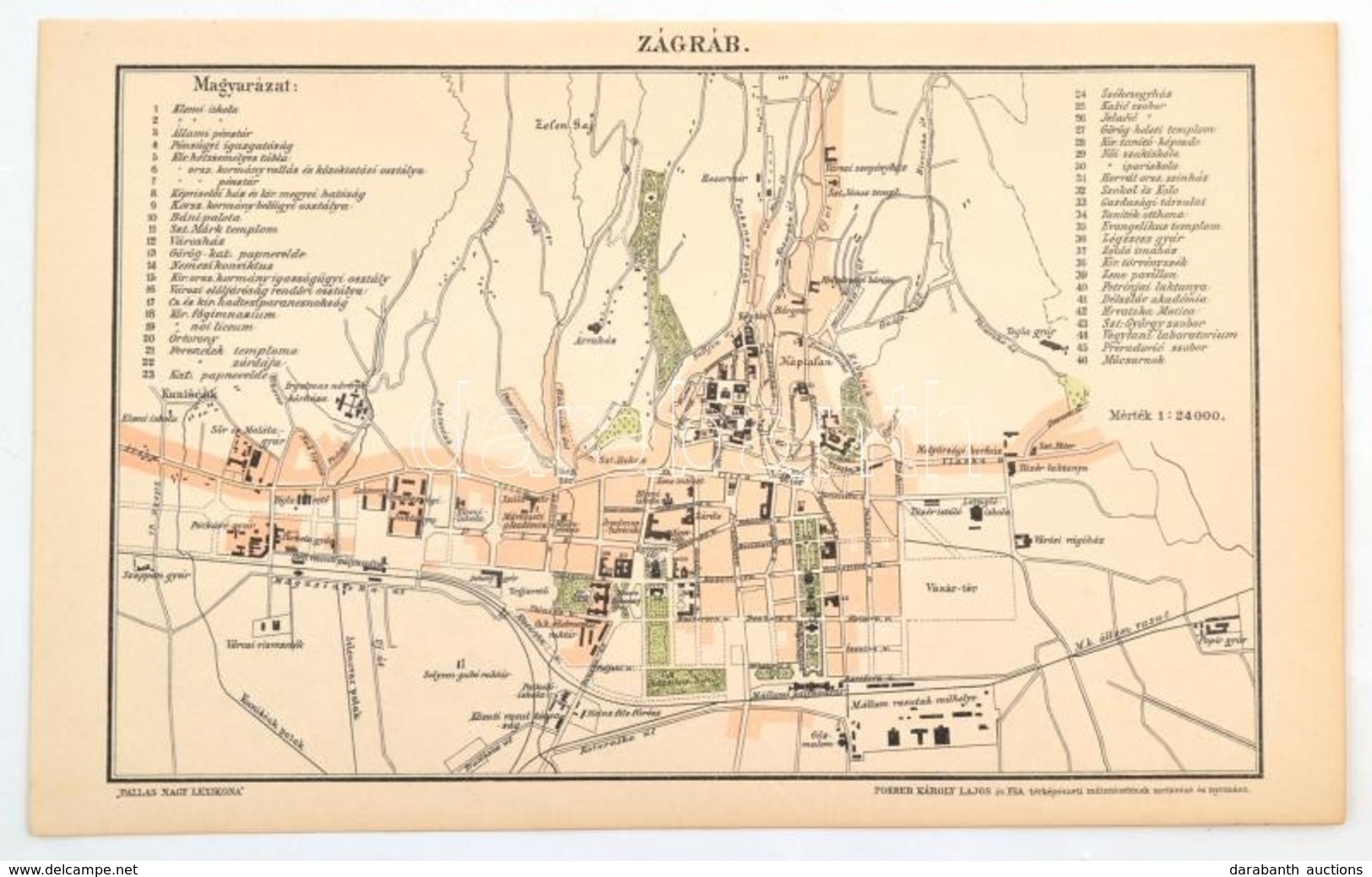 1893 Zágráb Városának Térképe, Pallas Nagy Lexikona, Bp., Posner, 14x23 Cm - Sonstige & Ohne Zuordnung