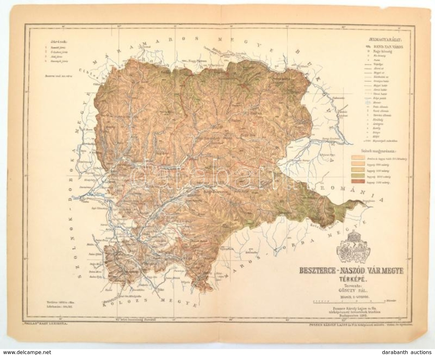 1893 Beszterce-Naszód Vármegye Térképe, Tervezte: Gönczy Pál, Pallas Nagy Lexikona, Bp., Posner, 23x29 Cm - Sonstige & Ohne Zuordnung