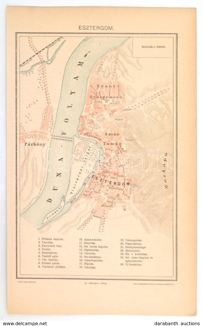 1893 Esztergom Városának Térképe, 1:7000, Pallas Nagy Lexikona, Bp., Pallas Rt., 23x14 Cm - Sonstige & Ohne Zuordnung