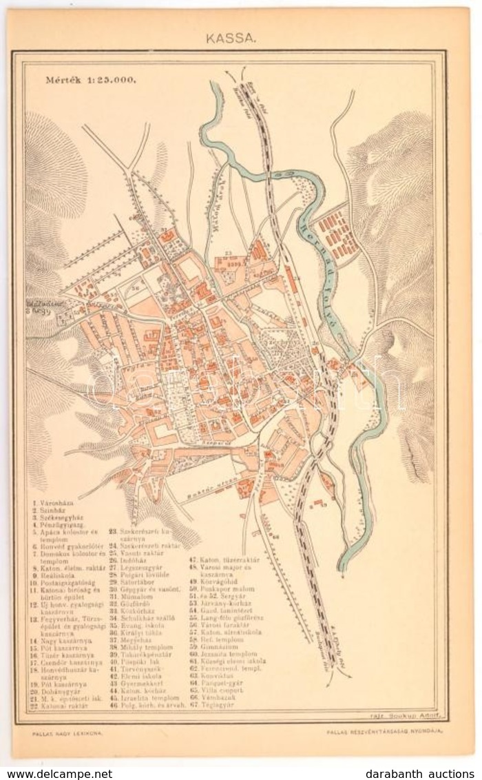 1893 Kassa Városának Térképe, Rajzolta: Soukup Adolf, 1:25.000, Pallas Nagy Lexikona, Bp., Pallas, 23x14 Cm - Sonstige & Ohne Zuordnung