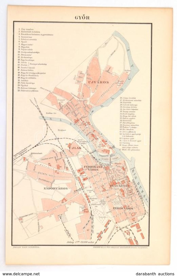 1893 Győr Városának Térképe, Pallas Nagy Lexikona, Bp., Posner, 23x15 Cm - Sonstige & Ohne Zuordnung