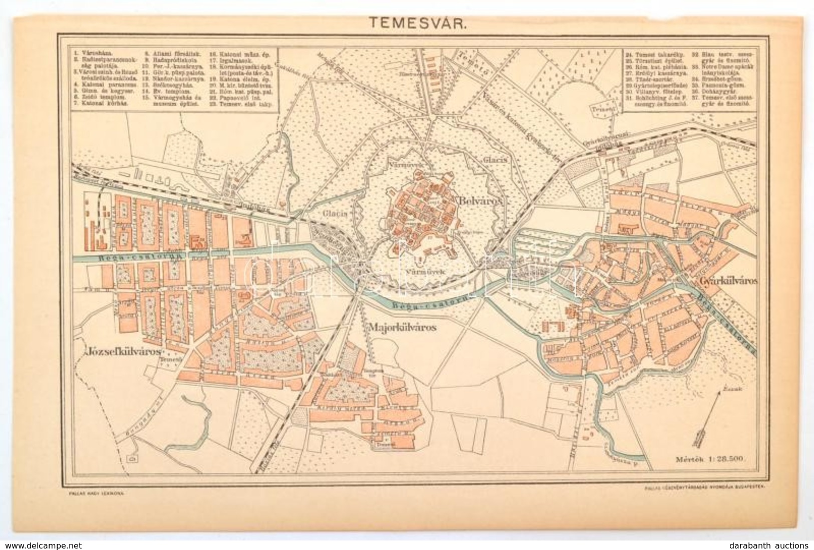 1893 Temesvár Városának Térképe, 1:28.500, Pallas Nagy Lexikona, Bp., Pallas, 15x24 Cm - Sonstige & Ohne Zuordnung