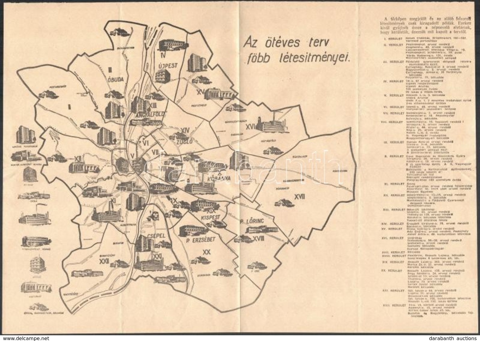 Az ötéves Terv Főbb Eseményei - Budapest Térkép, Leírással, Hajtott, 28×40 Cm - Sonstige & Ohne Zuordnung