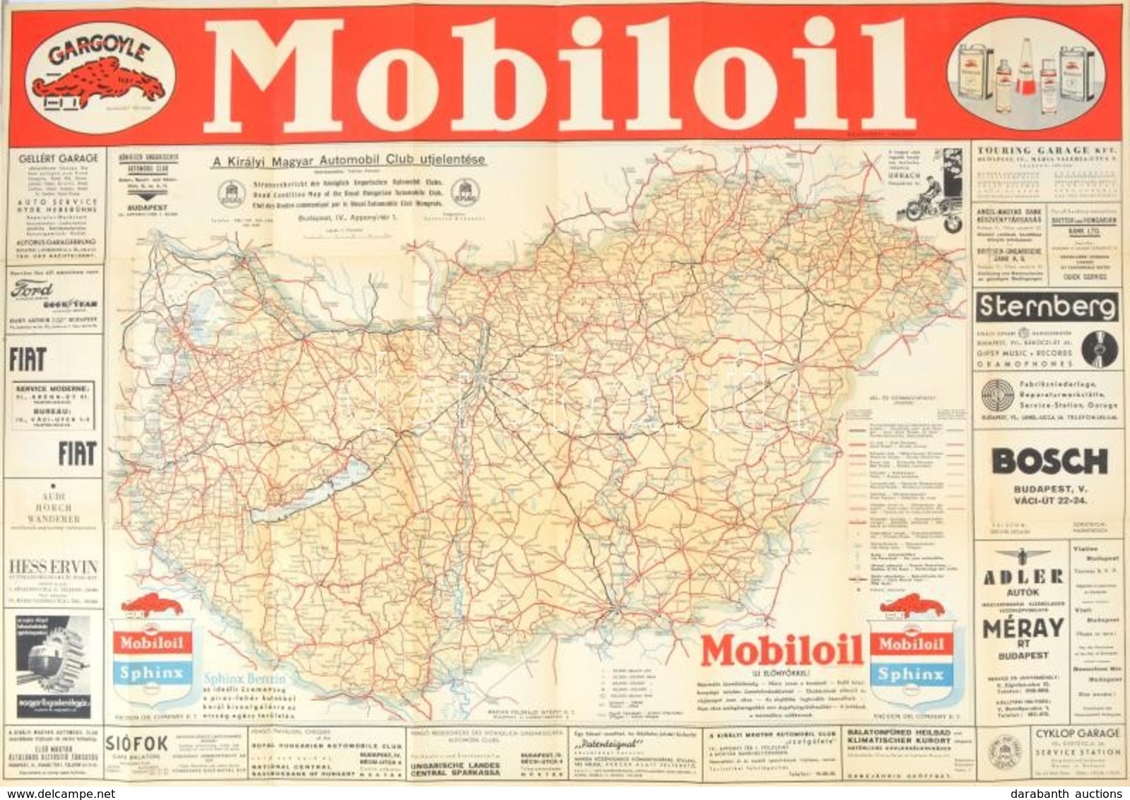 1937 Királyi Magyar Automobil Club által Kiadott Magyarország útállapot Térképe, Rengeteg Reklámmal, 69×100 Cm - Sonstige & Ohne Zuordnung