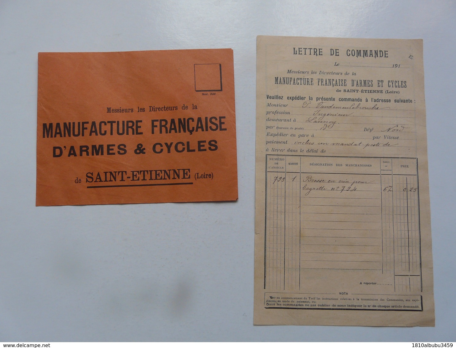 VIEUX PAPIERS - LETTRE DE COMMANDE : Manufacture Française D'Armes Et Cycles - Publicités