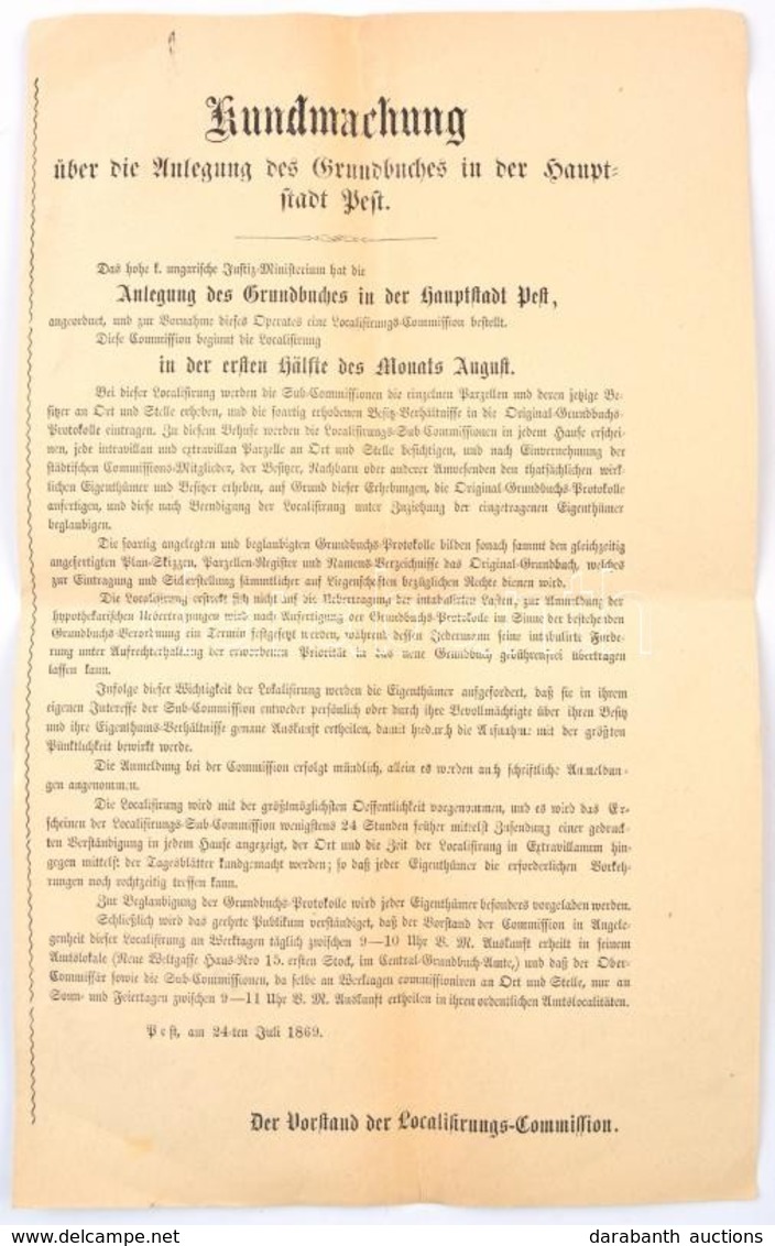 1869 Hirdetmény Pest Főváros Telekkönyvezése Tárgyában Két Nyelven. 42x34 Cm - Ohne Zuordnung