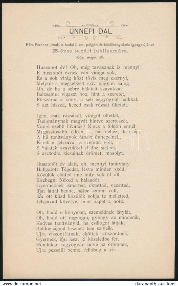 1894 Ünnepi Dal - Póra Ferenc úrnak, A Budai I. Ker. Polgári és Főleányiskola Igazgatójának 25. éves Tanári Jubileumára - Unclassified
