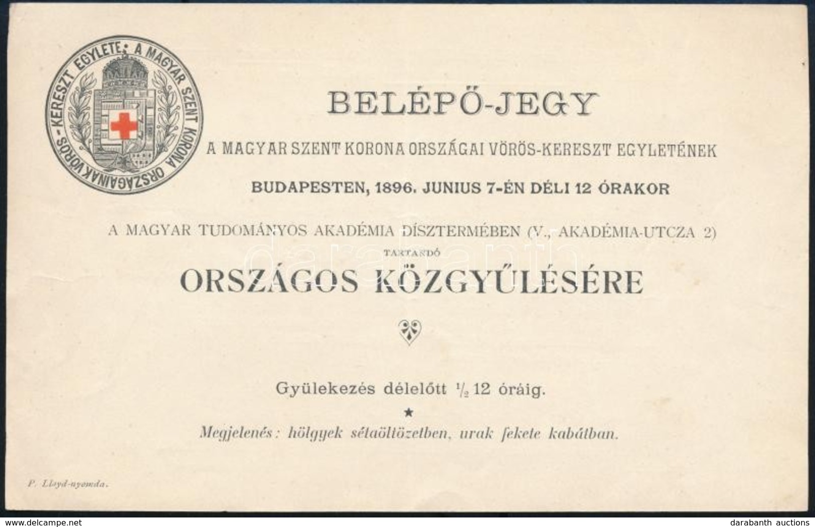 1896 Bp., Belépőjegy A Magyar Szent Korona Országai Vörös-Kereszt Egyletének Országos Közgyűlésére - Ohne Zuordnung