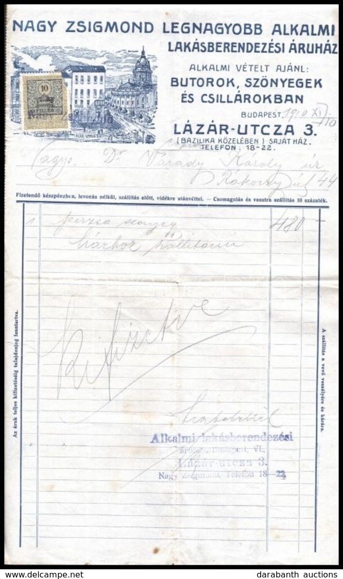1910 Budapest, Nagy Zsigmond Bútor áruház Fejléces Számla - Ohne Zuordnung