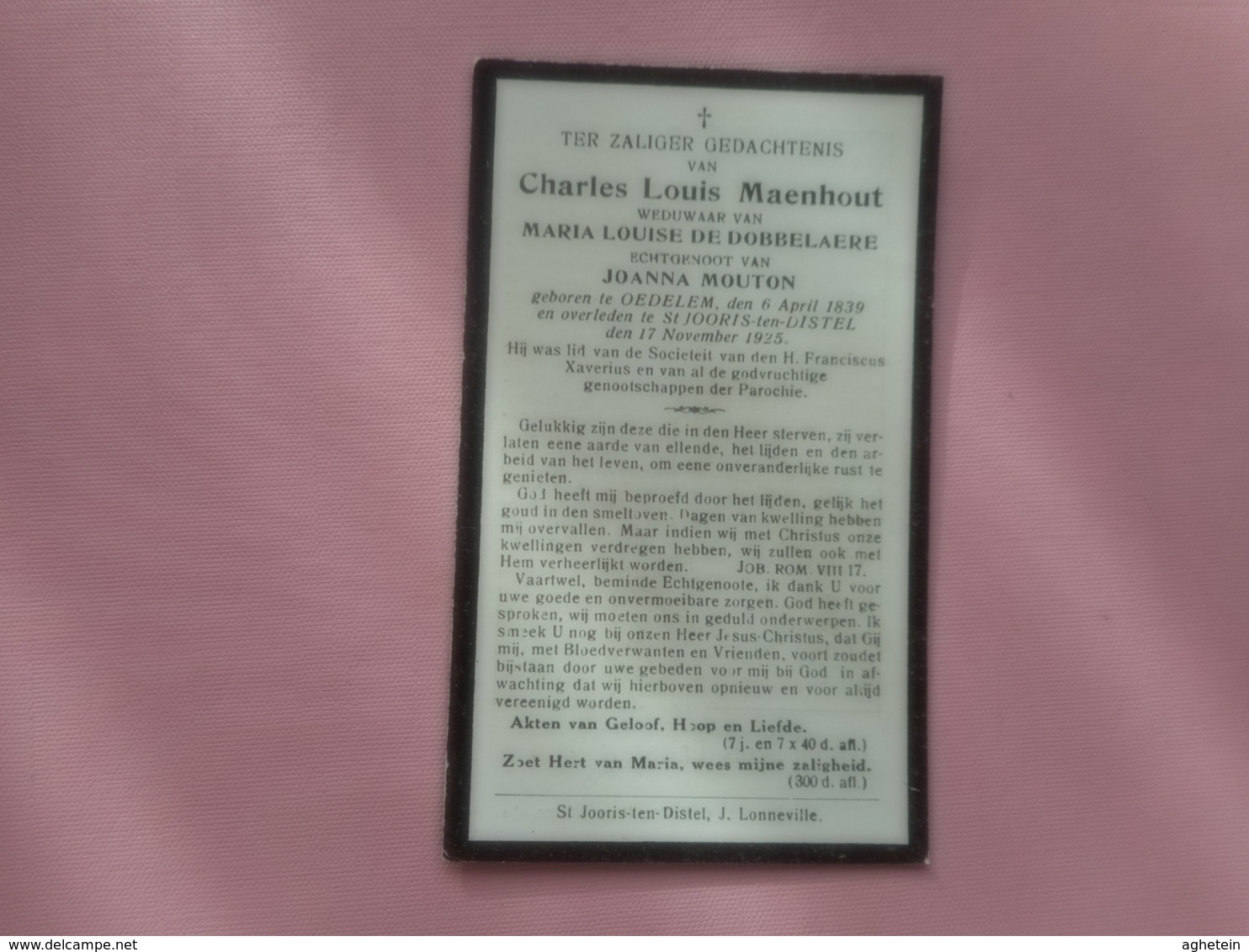 D.P.-MAN VAN M.L.DE DOBBELAERE -C.L.MAENHOUT °OEDELEM 6-4-1839+ST.JORIS-TEN-DISTEL 17-11-1925 - Religion & Esotericism