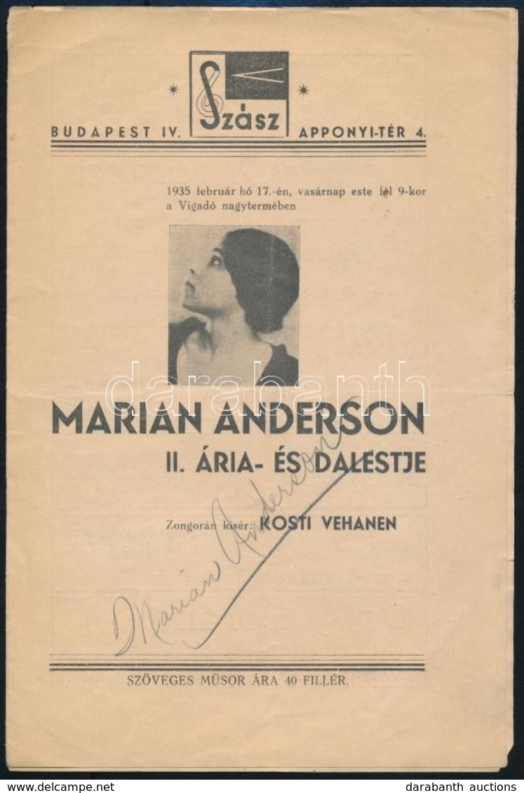 1935 Műsorfüzet, A Címlapon Marian Anderson (1897-1993) Vigadóban Tartott ária és Dalestjével, A Címlapon Az Opera-éneke - Sonstige & Ohne Zuordnung