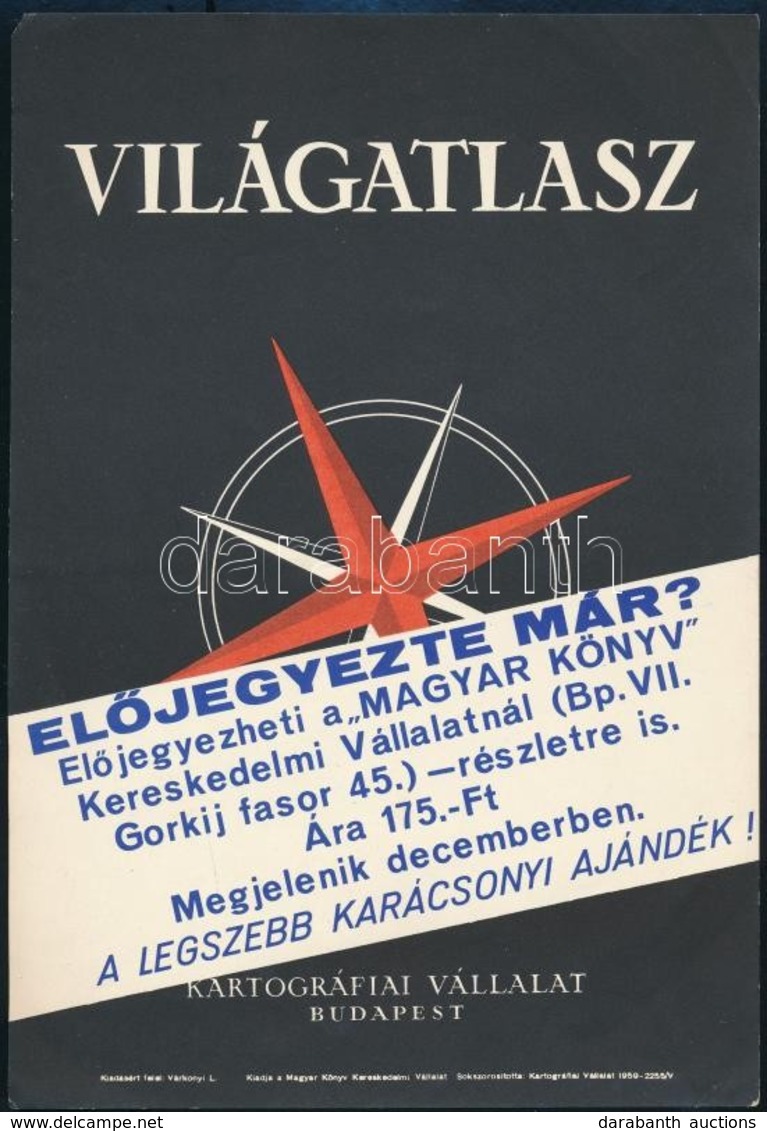 1959 Világatlasz C. Kiadvány Reklámos Villamosplakát, Magyar Könyv Kereskedelmi Vállalat, Bp., Kartográfia, 23,5x16 Cm - Sonstige & Ohne Zuordnung