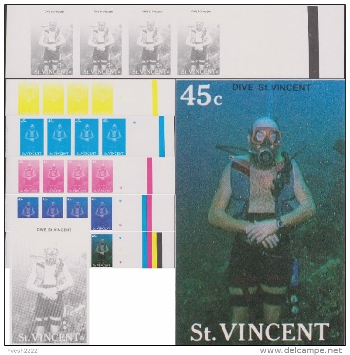Saint-Vincent 1988 Y&T 1051. 6 Bandes De 4, Essais De Couleurs Offset. Plongée Sous-marine, Scaphandrier - Diving
