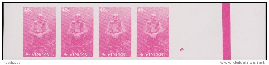 Saint-Vincent 1988 Y&T 1051. 6 bandes de 4, essais de couleurs offset. Plongée sous-marine, scaphandrier