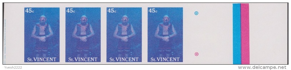 Saint-Vincent 1988 Y&T 1051. 6 bandes de 4, essais de couleurs offset. Plongée sous-marine, scaphandrier