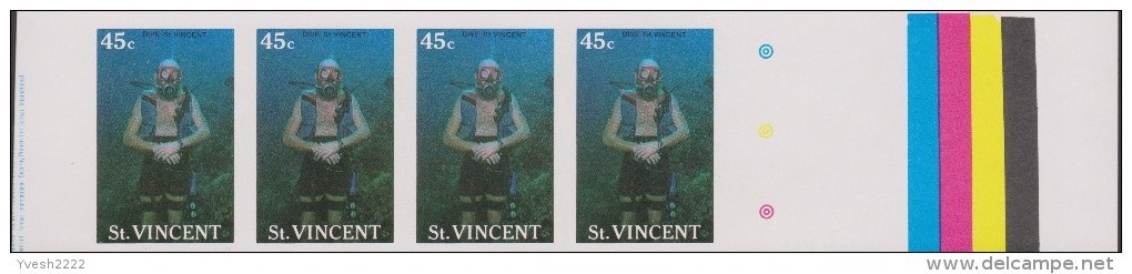 Saint-Vincent 1988 Y&T 1051. 6 bandes de 4, essais de couleurs offset. Plongée sous-marine, scaphandrier