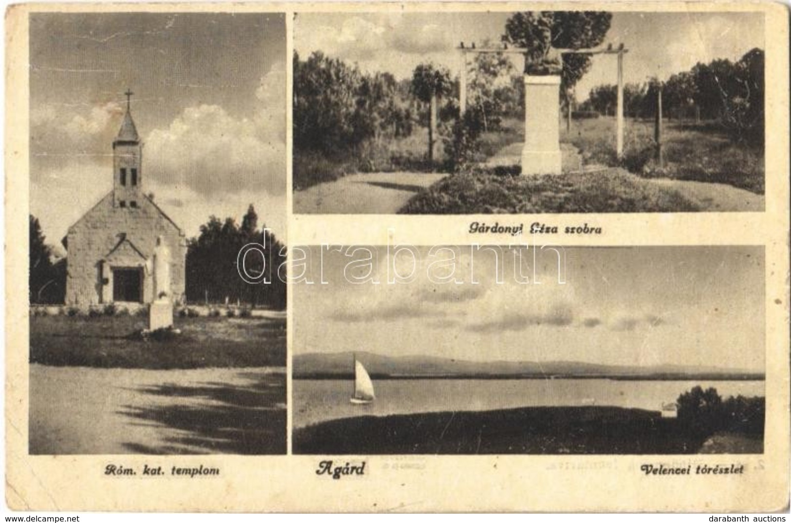 * T2/T3 1949 Agárd (Gárdony), Római Katolikus Templom, Gárdonyi Géza Szobor, Velencei-tó, Vitorlás (EK) - Ohne Zuordnung
