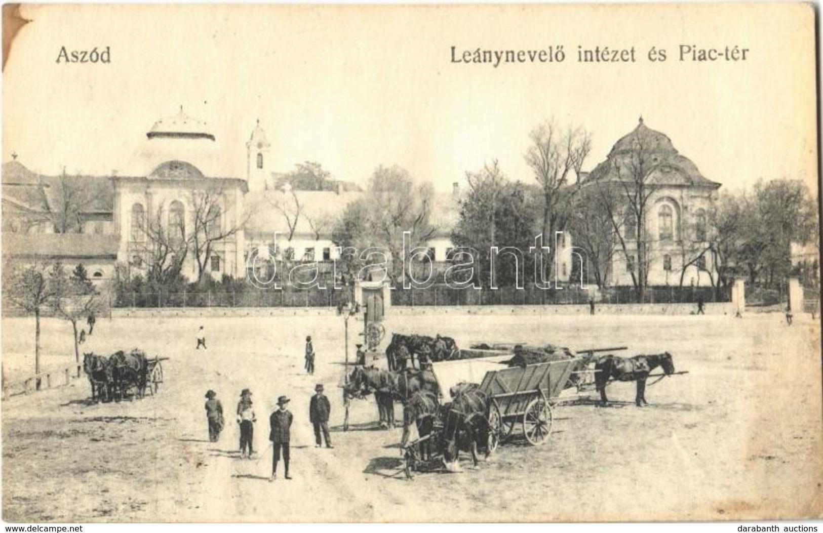 T2/T3 1921 Aszód, Leánynevelő Intézet és Piac Tér, Piaci árusok, Szekerek, Kerekeskút (fl) - Ohne Zuordnung