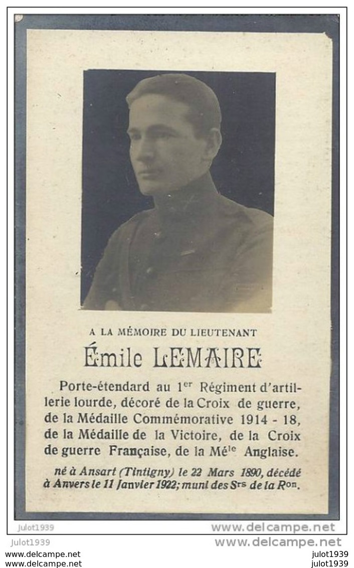 ANSART ..-- Mr Emile LEMAIRE , Lieutenant , Né En 1890 , Décédé En 1922 à ANVERS . - Tintigny