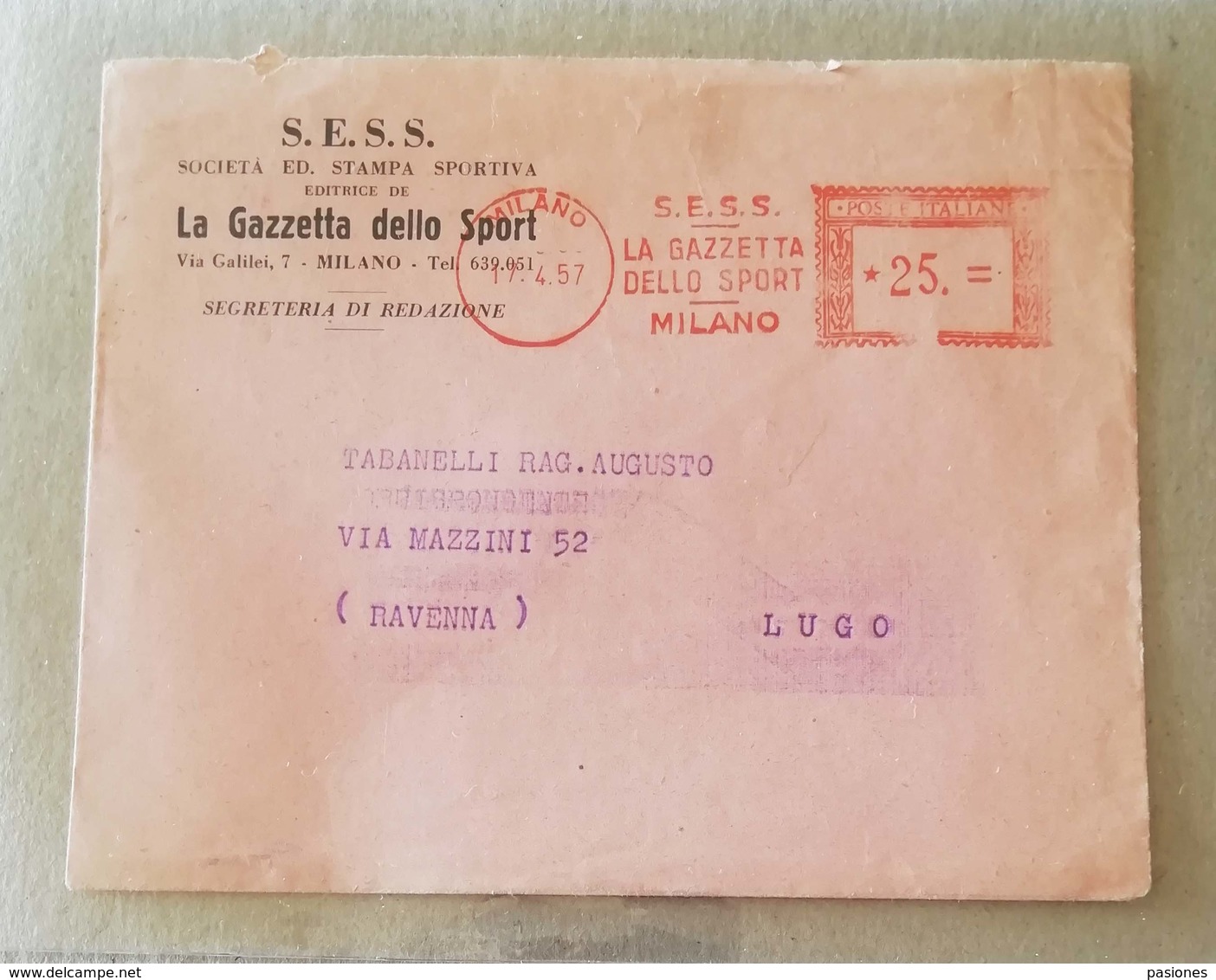 EMA, Busta S.E.S.S. La Gazzetta Dello Sport Milano - 17/04/1957 - Maschinenstempel (EMA)