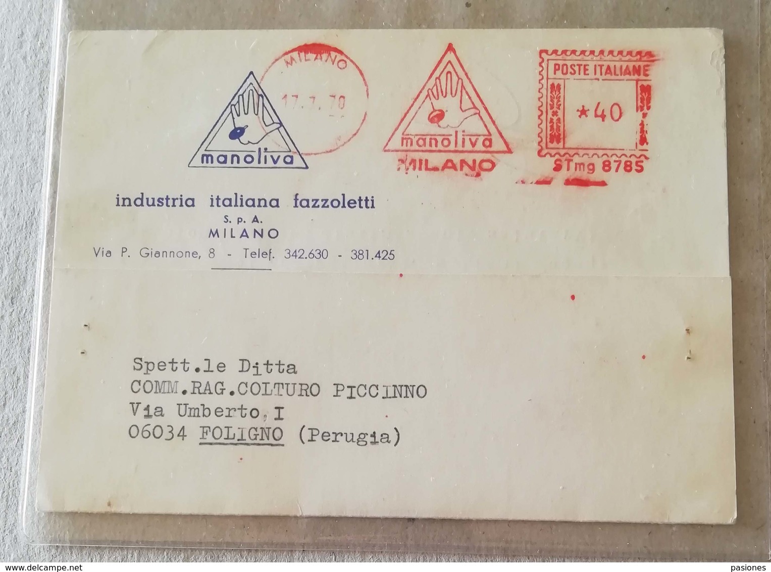 EMA, Cartolina Manoliva Industria Italiana Fazzoletti Milano - 17/07/1970 - Macchine Per Obliterare (EMA)