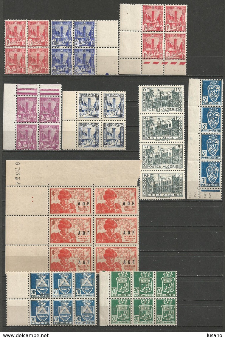 Anciennes Colonies Françaises - Lot De Timbres Neufs En Bandes Ou Blocs De 4 Ou 6 - Collections (sans Albums)