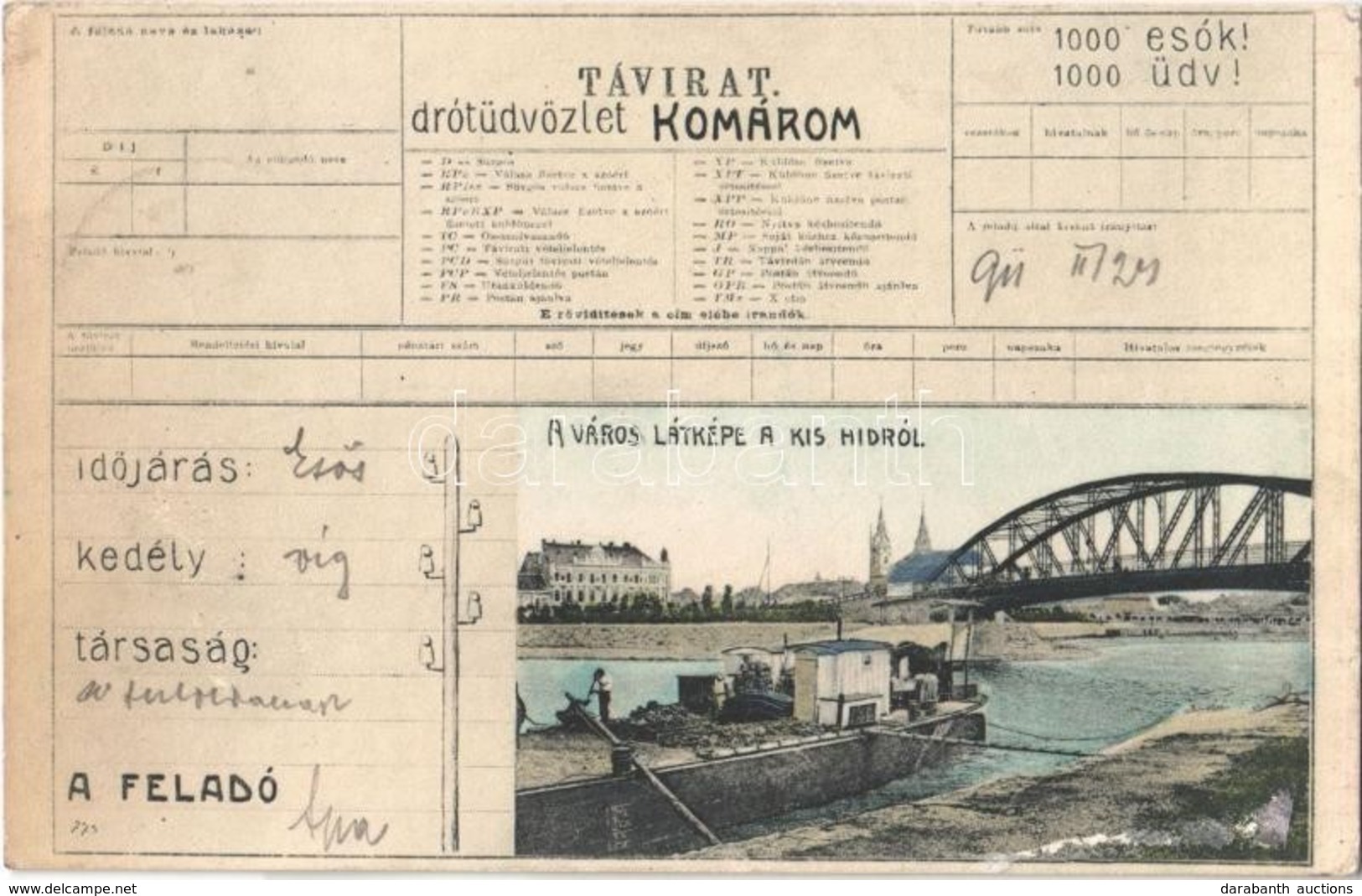 T2 1911 Komárom, Komárnó; Távirat Drótüdvözlet, Látkép A Kishídról / Bridge. Telegraph Greetings, Montage - Ohne Zuordnung