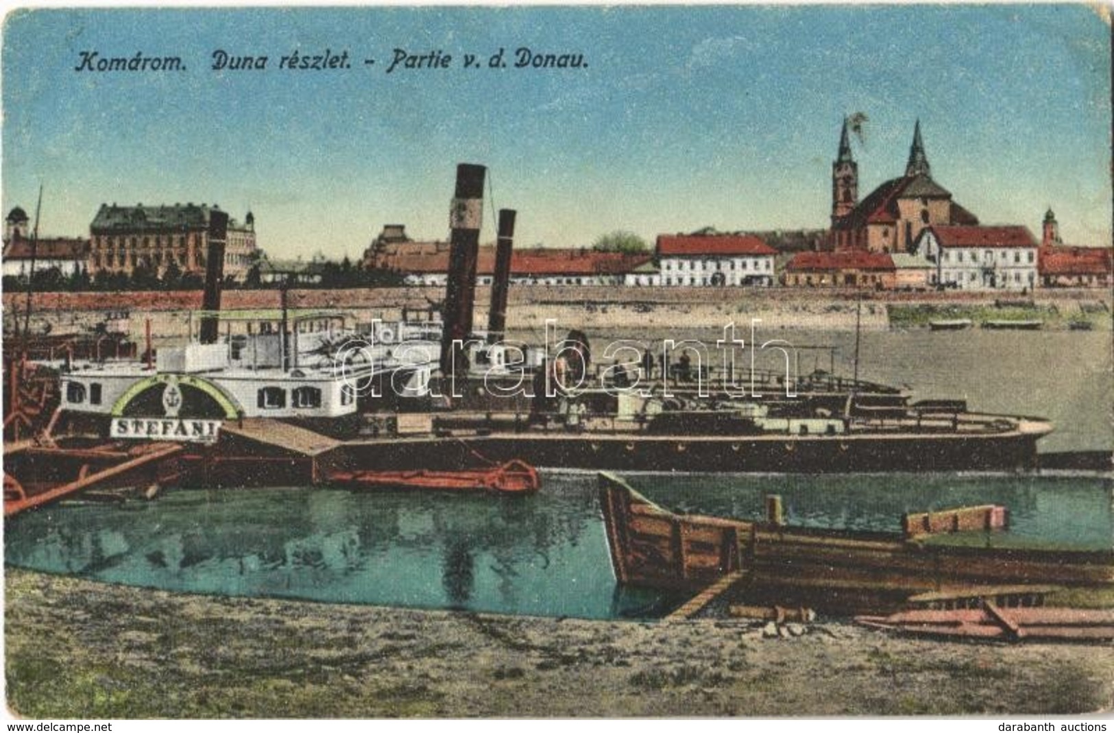 T2/T3 1917 Komárom, Komárno; Duna Részlet, Kikötő Gőzhajókkal / Partie V. D. Donau / Danube Riverside, Port, Steamships - Ohne Zuordnung