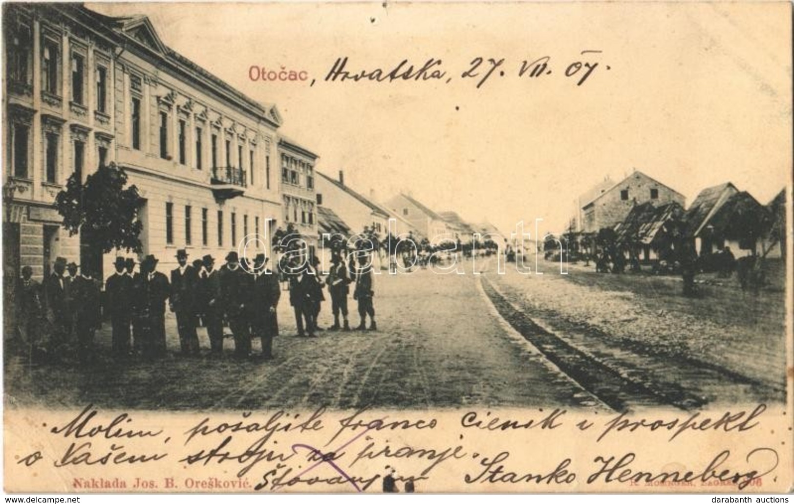 T4 1907 Otocsán, Otocac; Fő Utca. Jos. B. Oreskovic Kiadása / Main Street (lyukak / Pinholes) - Ohne Zuordnung
