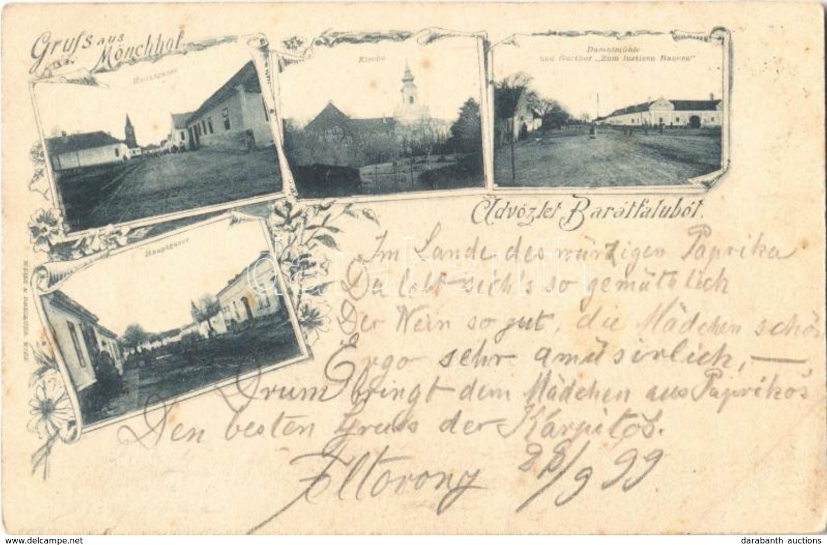 T2/T3 1899 Barátudvar, Barátfalu, Mönchhof; Hauptgasse, Kirche, Dampfmühle Und Gasthof "Zum Lustigen Bauern" / Fő Utca,  - Ohne Zuordnung