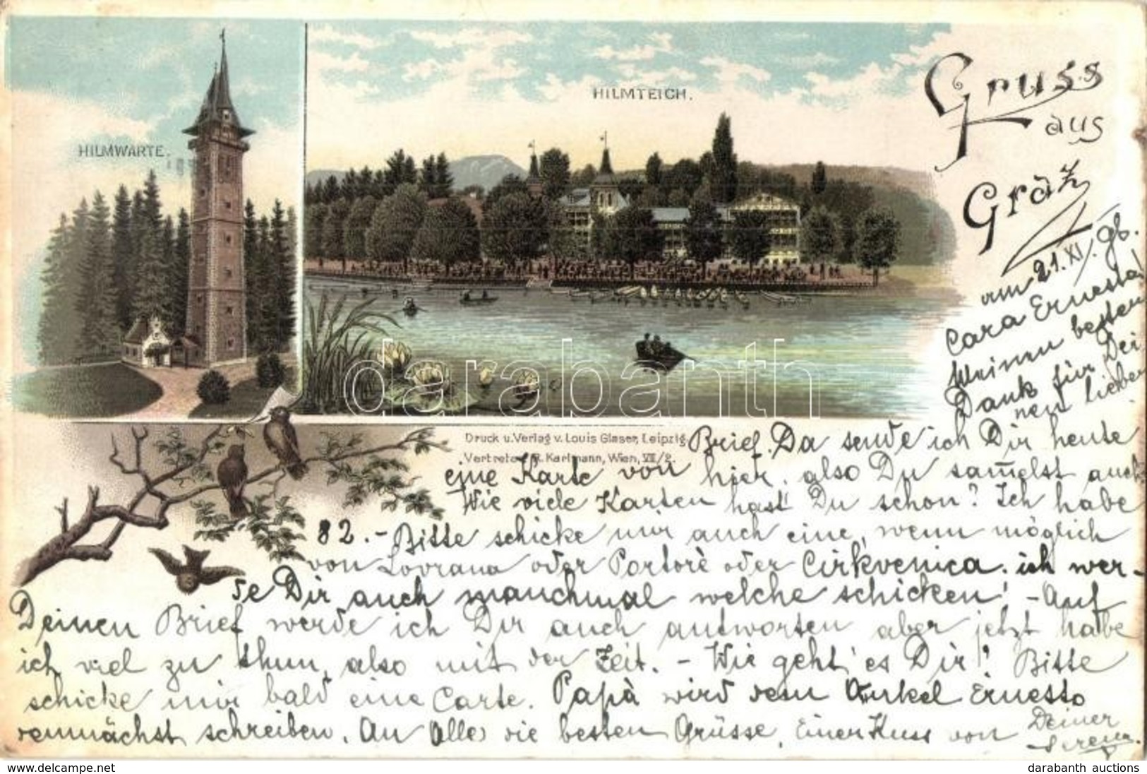 T2 1896 (Vorläufer!) Graz, Hilmteich, Hilmwarte / Lake, Look Out Tower. Louis Glaser Floral, Litho - Ohne Zuordnung
