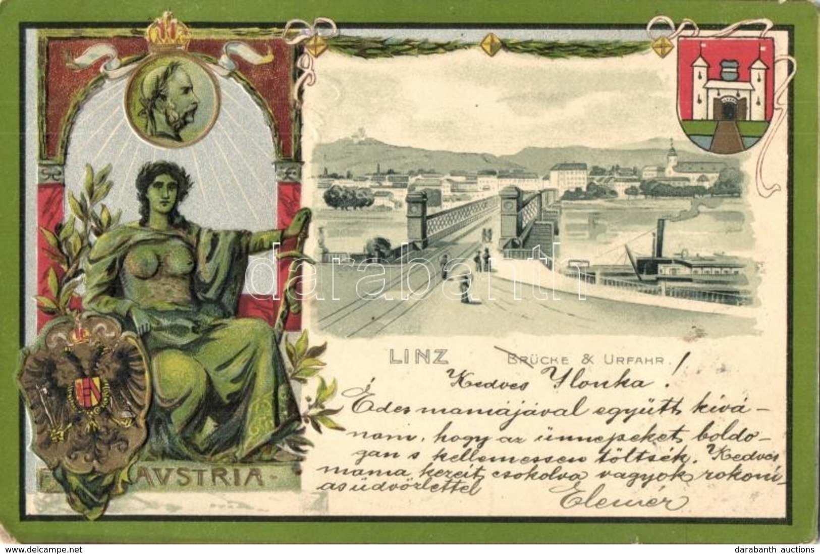 T4 Linz, Brücke & Urfahr / Bridge, Steamship. Coat Of Arms, Art Nouveau Emb. Litho (EM) - Ohne Zuordnung