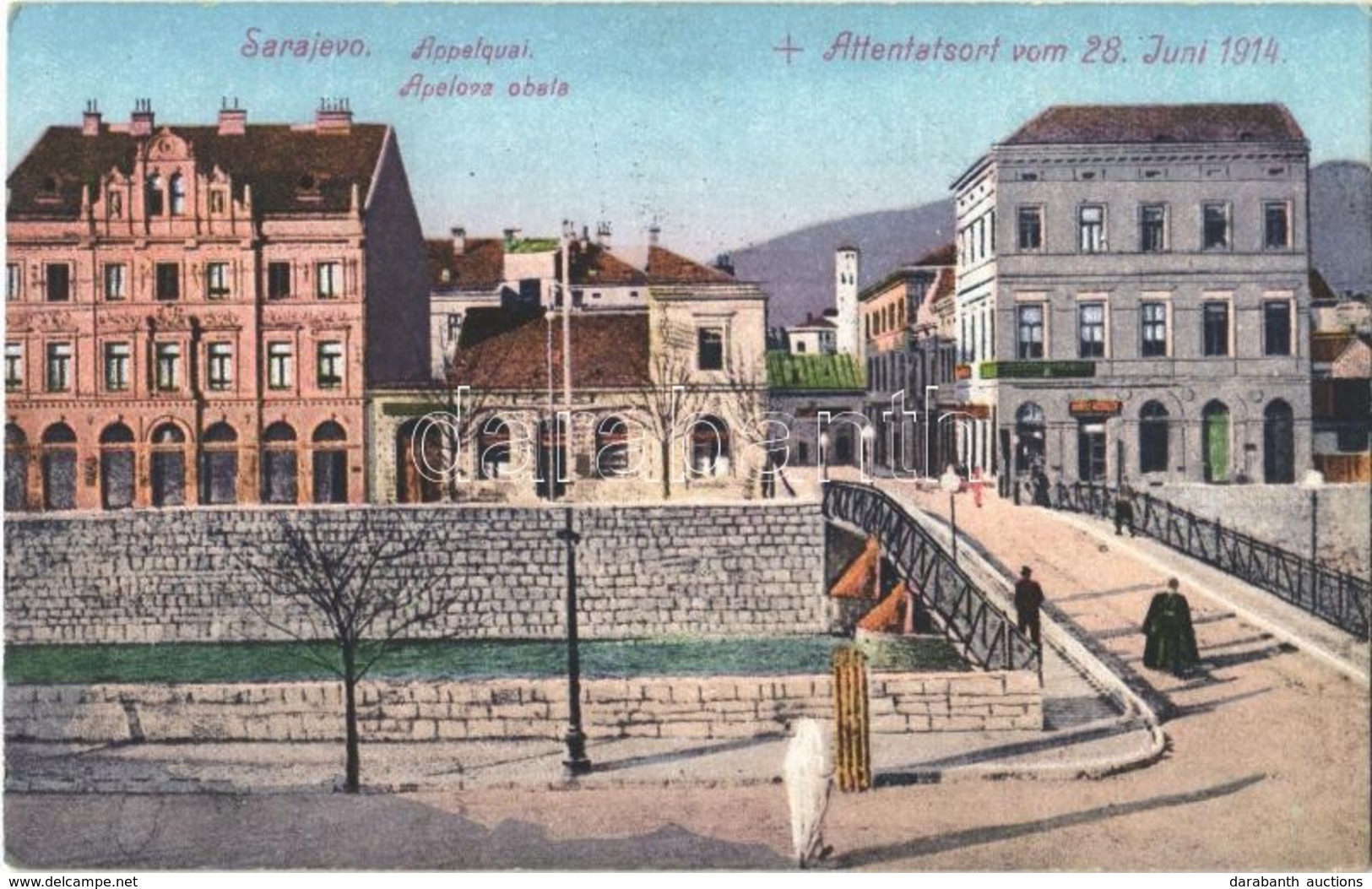 T1/T2 1916 Sarajevo, Appelquai / Apelova Obala, Attentatsort Vom 28. Juni 1914 / Street View, Bridge + "K.u.K. Militarko - Ohne Zuordnung