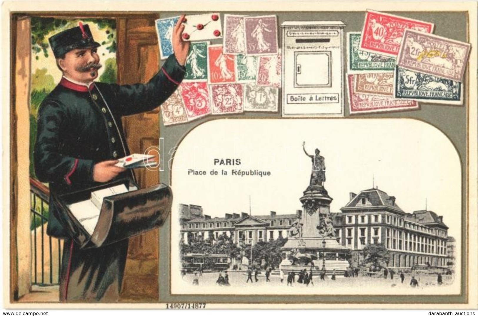 ** T1 Paris, Place De La République / Square, Tram. Montage With Postman And Stamps, H. Guggenheim & Co. No. 14877. Emb. - Ohne Zuordnung