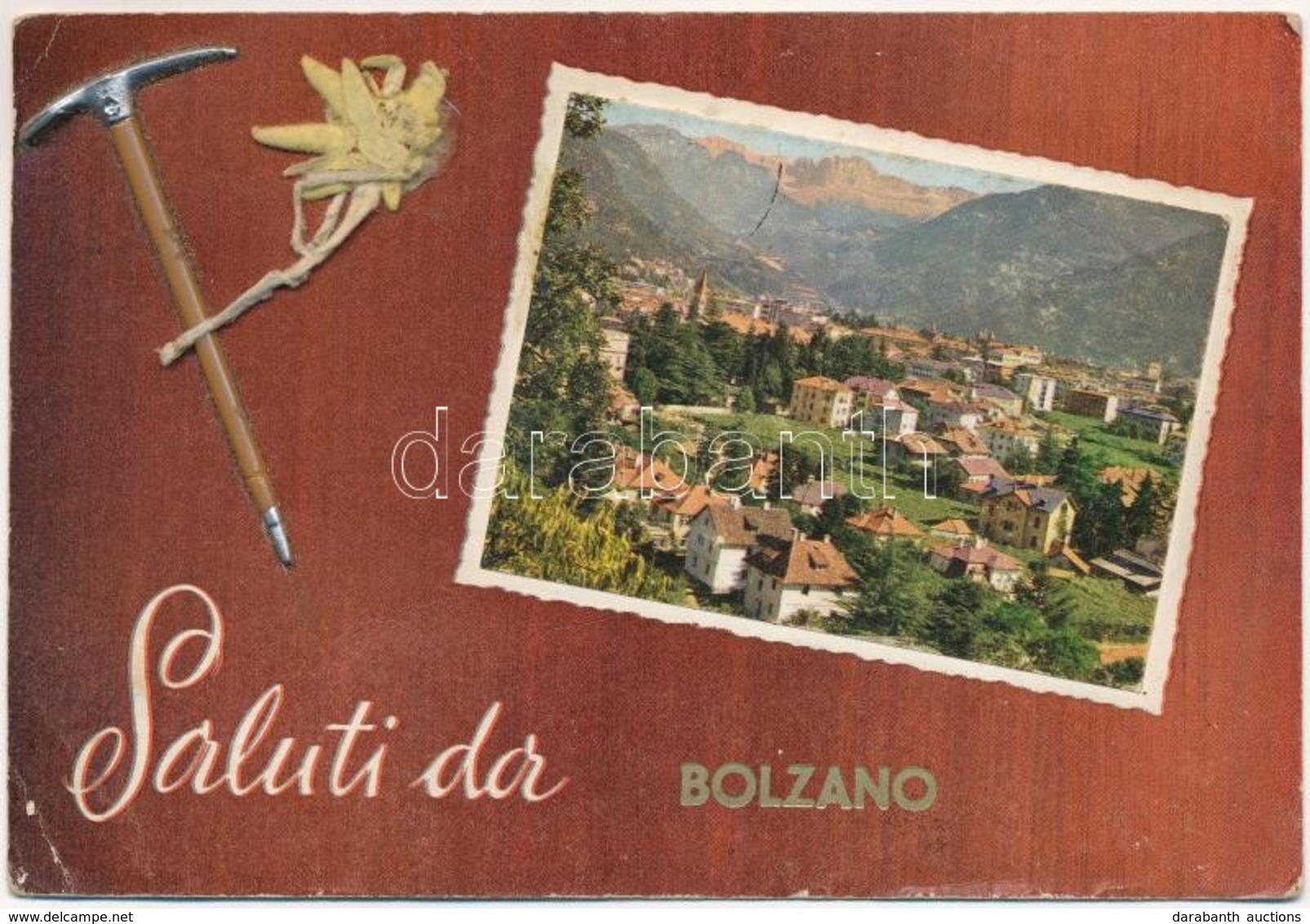 T2/T3 1970 Bolzano, Bozan (Südtirol); Greeting Postcard With Real Edelweiss Flower And Embossed Pickaxe (EK) - Ohne Zuordnung