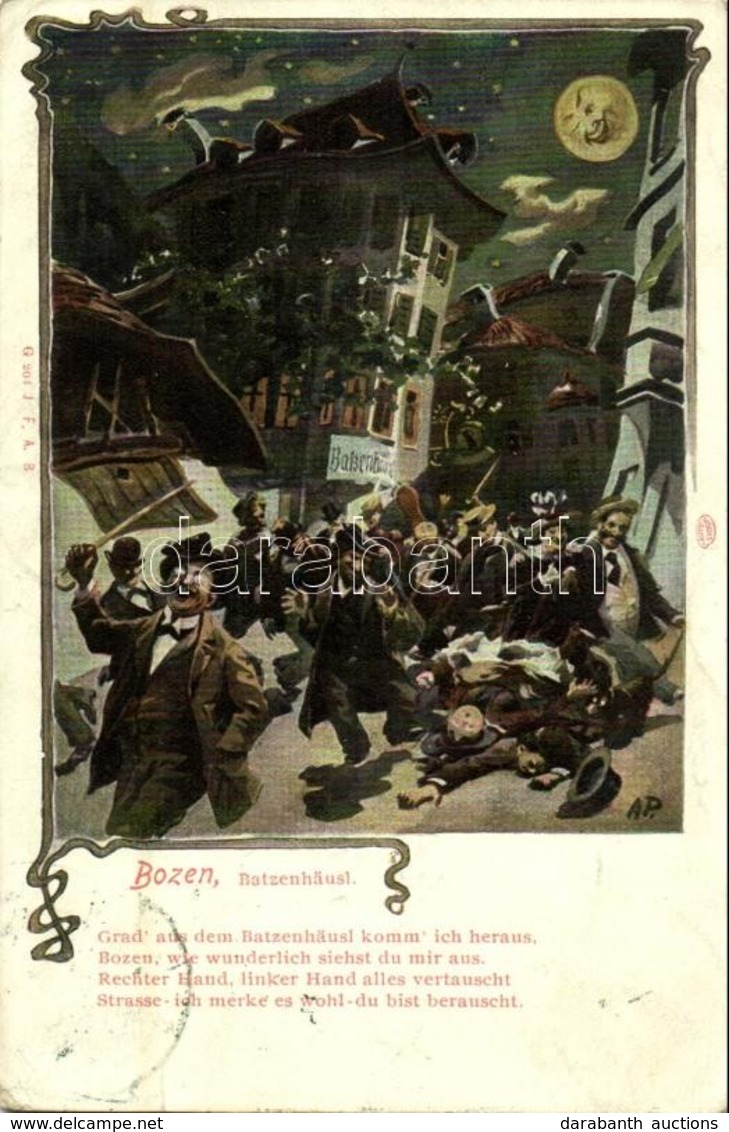 T2/T3 1907 Bolzano, Bozen (Südtirol); Batzenhäusl / Humorous Drunk Art Postcard At Night. Art Nouveau + Hátoldalon, Kall - Ohne Zuordnung