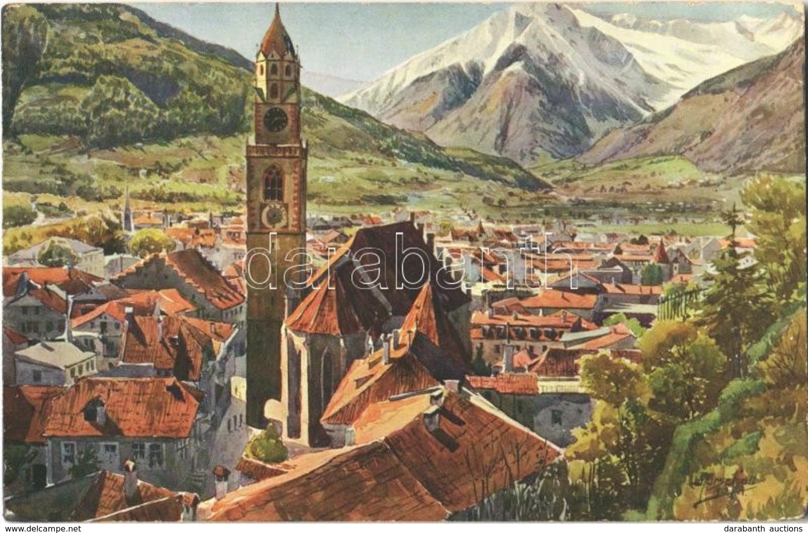 T2 1913 Merano, Meran (Südtirol); General View, Church, Art Postcard, Artist Signed - Ohne Zuordnung