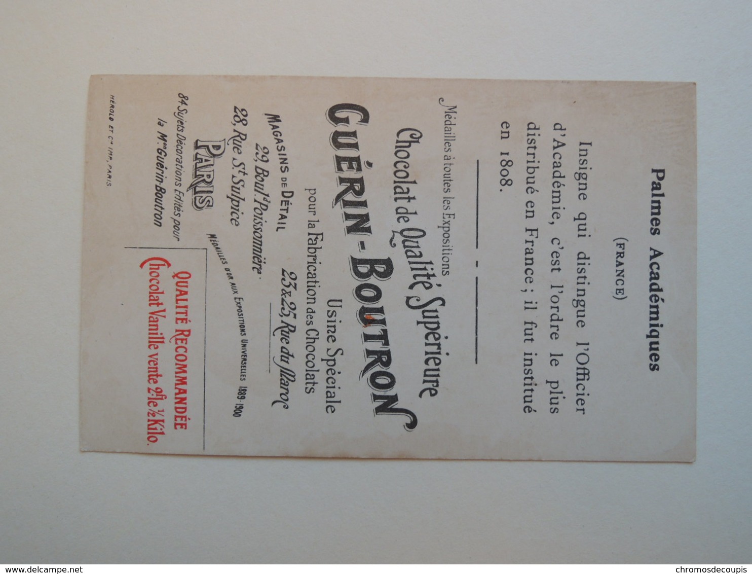 CHROMO. Chocolat  Guerin Boutron. Décorations  Médailles.  Palmes  Académiques. Institué En 1808.  France - Autres & Non Classés