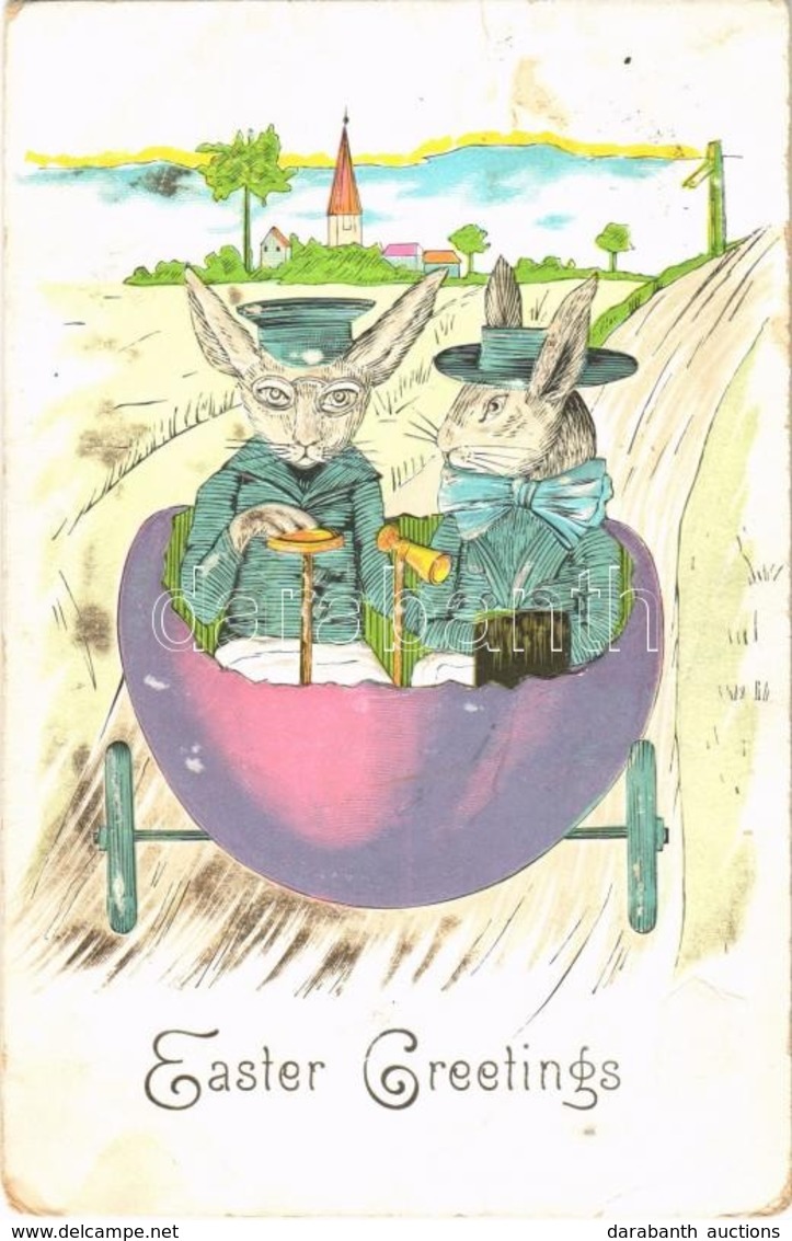 * T2/T3 Easter Greetings, Rabbits In Egg Automobile. Emb. (EK) - Sin Clasificación