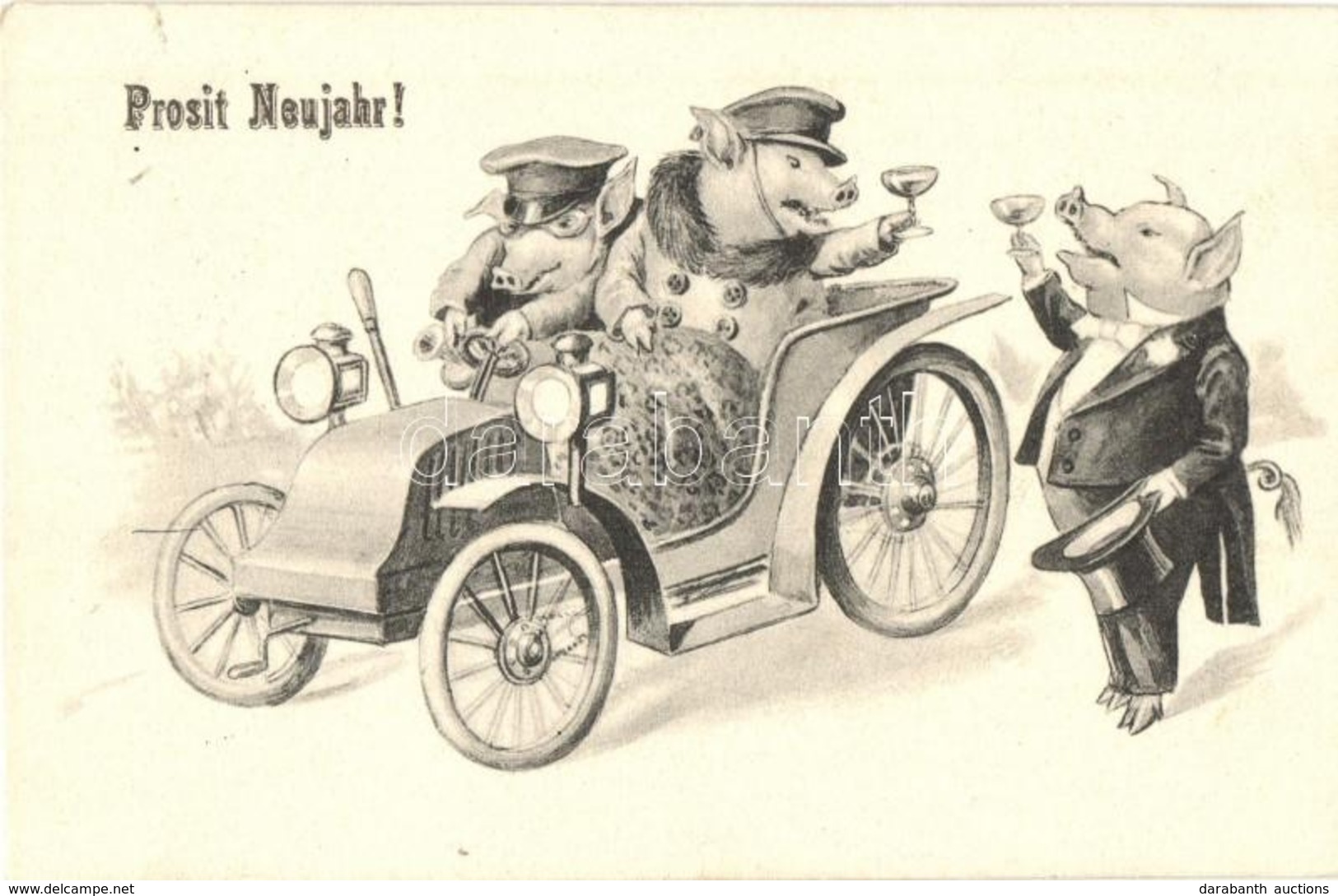 T2 1910 Prosit Neujhr / New Year Greeting Art Postcard. Pig Gentlemen Drinking Champagne In Automobile - Ohne Zuordnung
