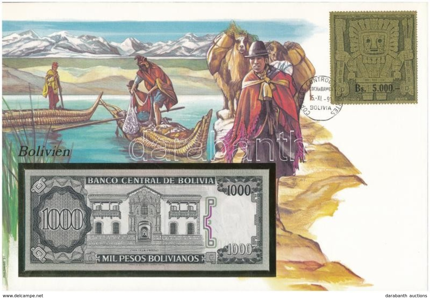 Bolívia 1982. 1000P Felbélyegzett Borítékban, Bélyegzéssel T:I 	 Bolivia 1982. 1000 Pesos In Envelope With Stamp And Can - Non Classés
