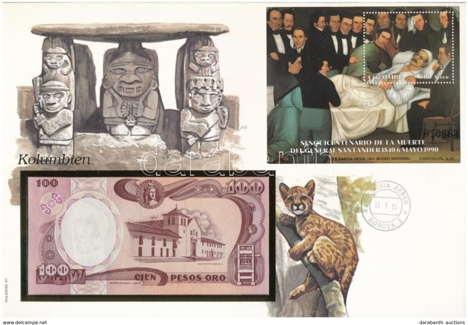 Kolumbia 1989. 100P Felbélyegzett Borítékban, Bélyegzéssel T:I 	 Kolumbia 1989. 100 Pesos In Envelope With Stamp And Can - Ohne Zuordnung